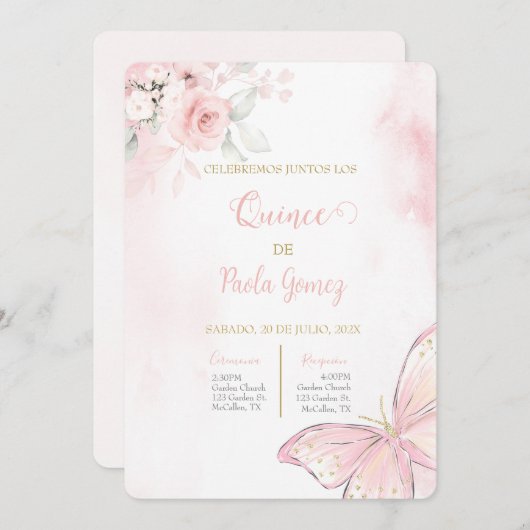 Blush Pink Quinceanera-uitnodiging Kaart (Voorkant / Achterkant)