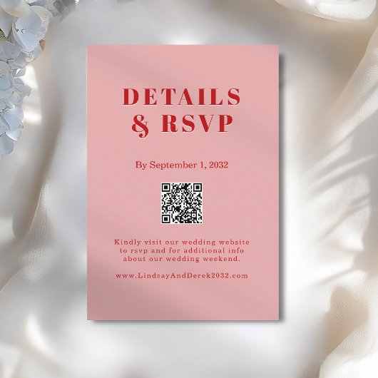 Blush Pink Red Bold Font QR Code Wedding RSVP Informatiekaartje