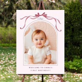 Blush Pink Red Bow 1st Birthday Photo Welcome Poster