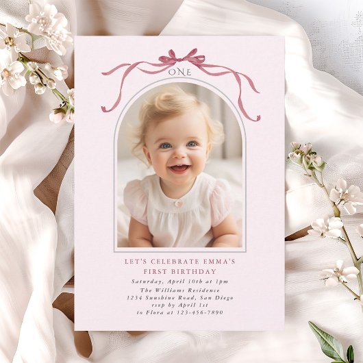 Blush Pink Red Bow Girl 1st Birthday Arch Photo Kaart