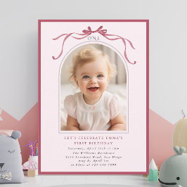 Blush Pink Red Bow Girl 1st Birthday Arch Photo Kaart