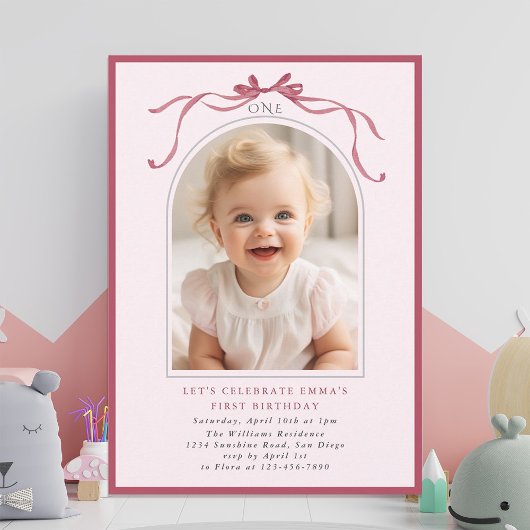 Blush Pink Red Bow Girl 1st Birthday Arch Photo Kaart