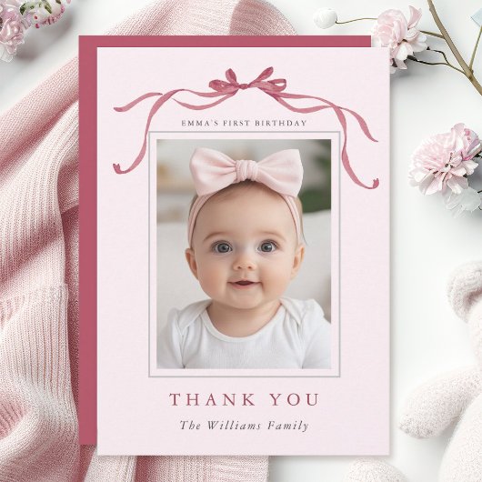 Blush Pink Red Bow Minimal Birthday Photo Bedankkaart