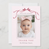 Blush Pink Red Bow Minimal Birthday Photo Bedankkaart (Voorkant)