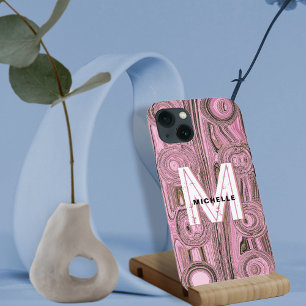 Blush Pink Retro Groovy Gold Glitter Monogram iPhone 13 Hoesje