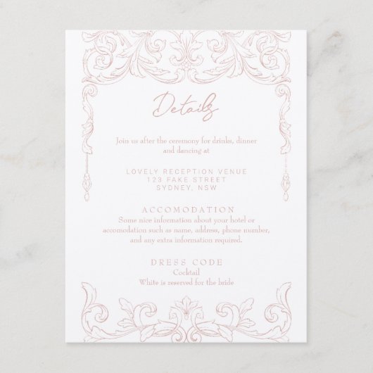 Blush Pink Rococo Wedding Details Kaart (Voorkant)