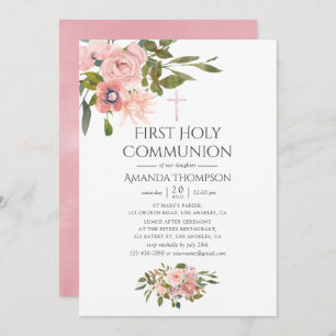 Blush Pink & Roos Gold Floral First Heilige Commun Kaart