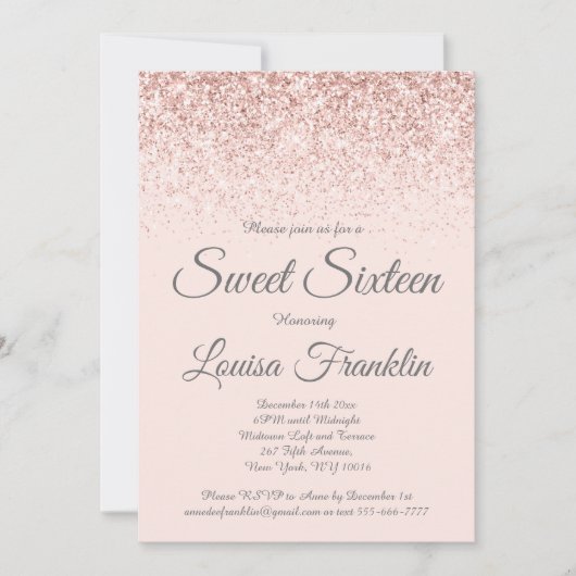 Blush Pink & Roos Gold Glitter Sweet 16 Invitation Kaart (Voorkant)