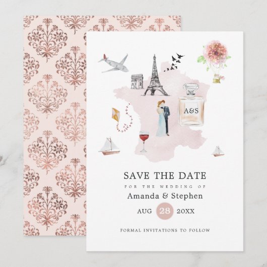 Blush Pink & Roos Gold Paris Destination Wedding Save The Date (Voorkant / Achterkant)