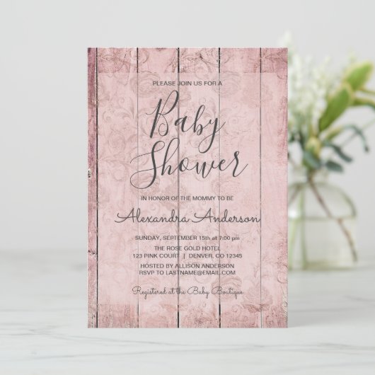 Blush Pink - Roos Gold Rustiek Baby shower Kaart (Staand voorkant)
