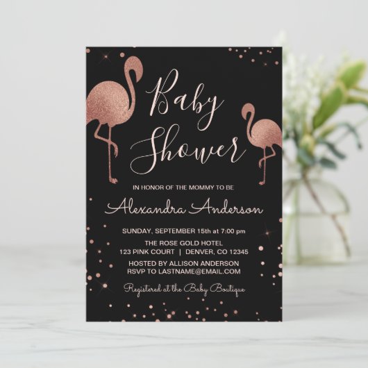 Blush Pink - Roos goudfolie Flamingo Baby shower Kaart (Staand voorkant)