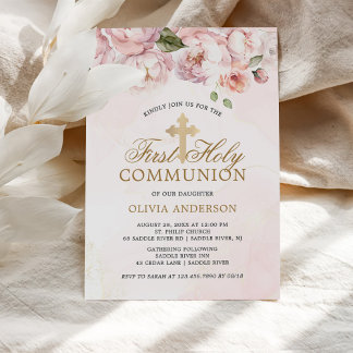 Blush Pink Rose Bloemen Eerste Heilige Communie Kaart