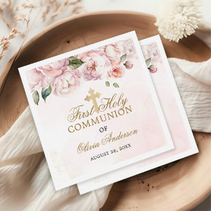 Blush Pink Rose Bloemen Eerste Heilige Communie Servet