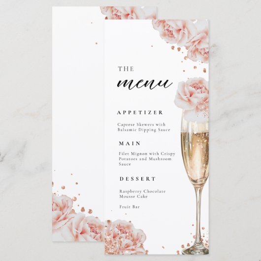 Blush Pink Rose Elegant Vrijgezellenfeest Menu (Voorkant / Achterkant)
