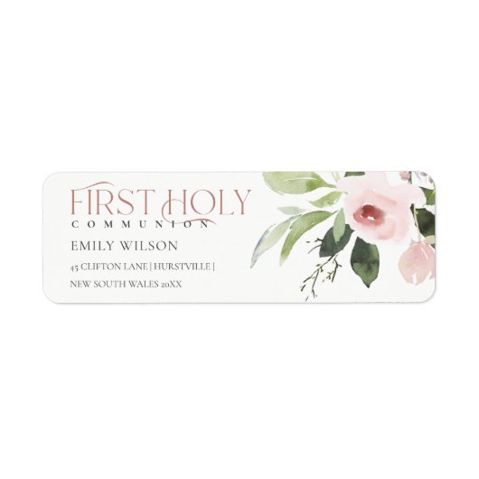 BLUSH PINK ROSE FLORA EERST HOLY COMMUNION ADDRESS ETIKET (Voorkant)