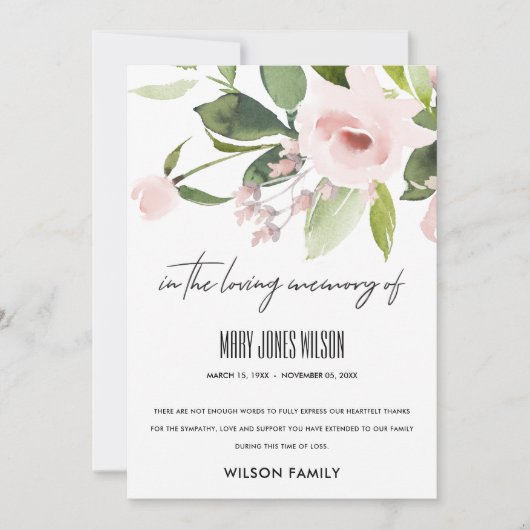 BLUSH PINK ROSE FLORA WATERVERF SYMPATHIE MEMORIAL BEDANKKAART (Voorkant)