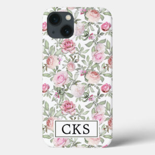 Blush Pink Rose Floral Monogram Initiaal Elegant iPhone 13 Hoesje