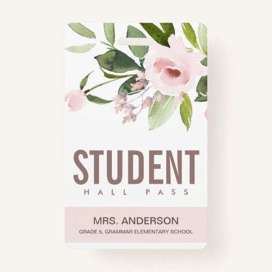 BLUSH PINK ROSE FLORAL STUDENT TEACHER HALL PASS BADGE (Voorkant)
