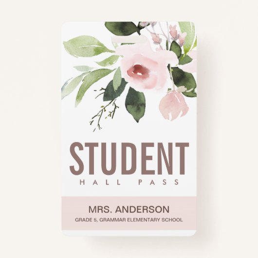 BLUSH PINK ROSE FLORAL STUDENT TEACHER HALL PASS BADGE (Voorkant)