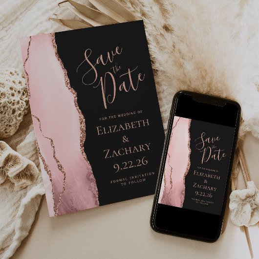 Blush Pink Rose Gold Agate Save the Date Card