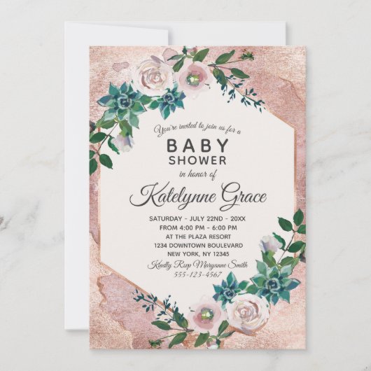 Blush Pink Rose Gold Floral Baby shower Uitnodigin Kaart (Voorkant)