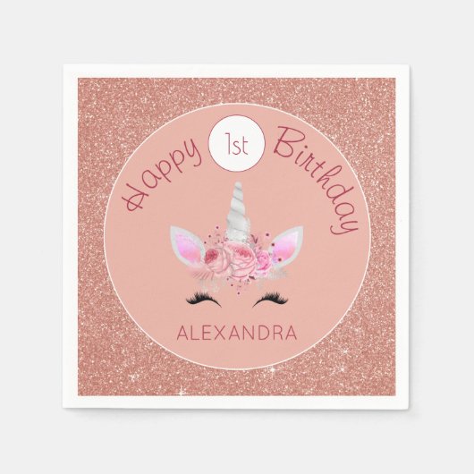 Blush Pink Rose Gold Glitter Eenhoorn 1e Verjaarda Servet (Voorkant)