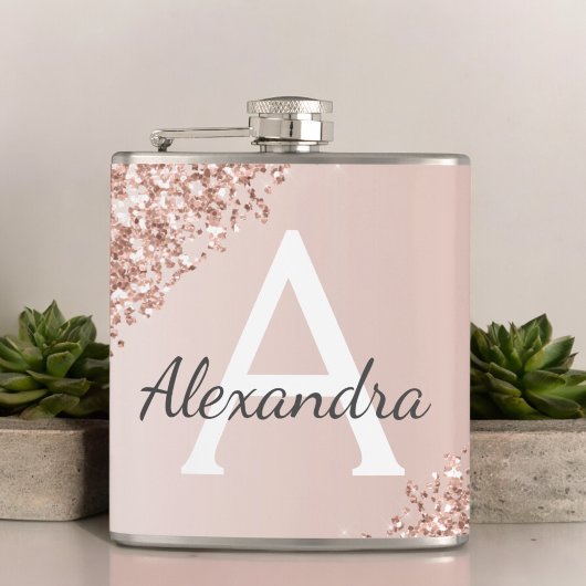 Blush Pink Rose Gold Glitter en Sparkle Monogram Heupfles