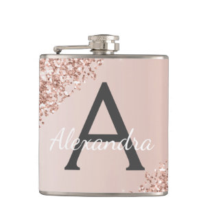 Blush Pink Rose Gold Glitter en Sparkle Monogram Heupfles