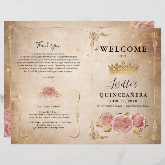 Blush Pink Rose Gold Parchment Quinceanera Program (Voorkant / Achterkant)