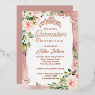 Blush Pink Rose Gold Quinceanera Floral Butterfly Folie Uitnodiging