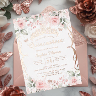 Blush Pink Rose Gold Quinceanera Folie Uitnodiging