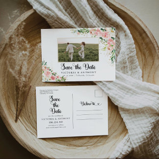 Blush Pink Rose Save The Date met Foto Briefkaart