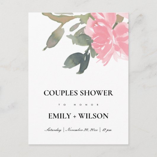 BLUSH PINK ROSE WATERVERF FLORAL COUPLY SHOWER UITNODIGING BRIEFKAART (Voorkant)