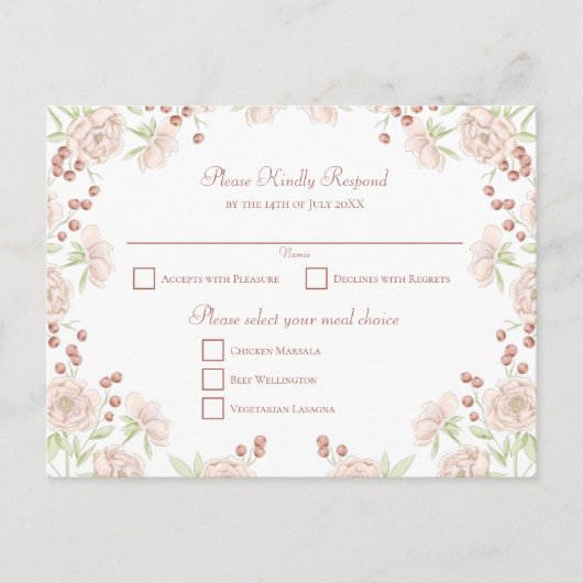 Blush Pink Rose Wedding RSVP Feestdagenkaart (Voorkant)