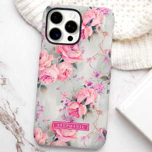 Blush Pink Roses Custom Name Floral iPhone 16 Pro Max Hoesje