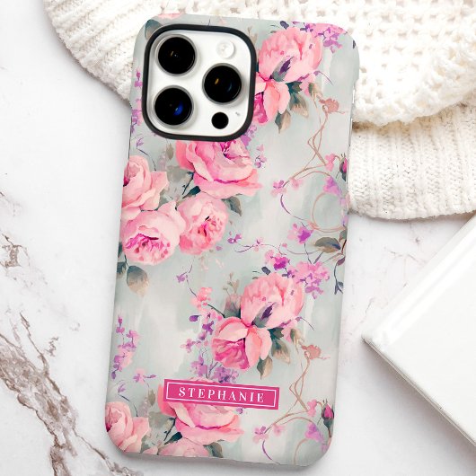 Blush Pink Roses Custom Name Floral Case-Mate iPhone Case