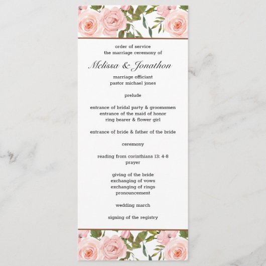 Blush Pink Roses Floral Wedding Programme Programma (Voorkant)