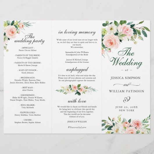 Blush Pink Roses Flowers Wedding Ceremony Program (Voorkant)