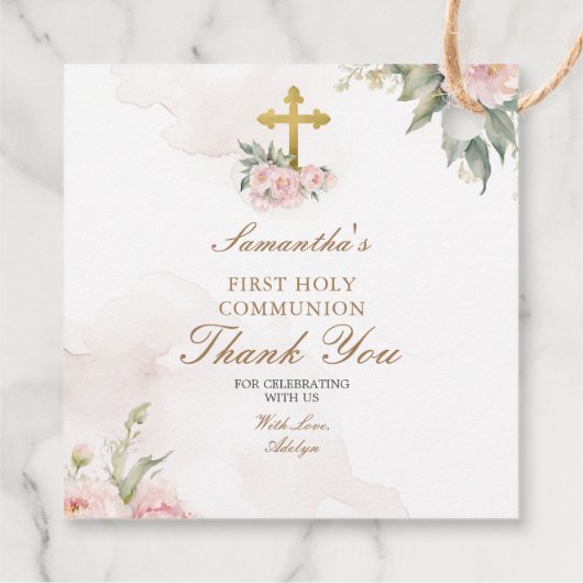 Blush Pink Roses Heilige Communie Dank u Label (Achterkant)