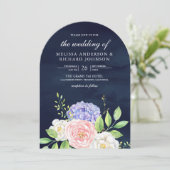 Blush Pink Roses Paarse Hydrangea Navy Wedding Kaart (Staand voorkant)