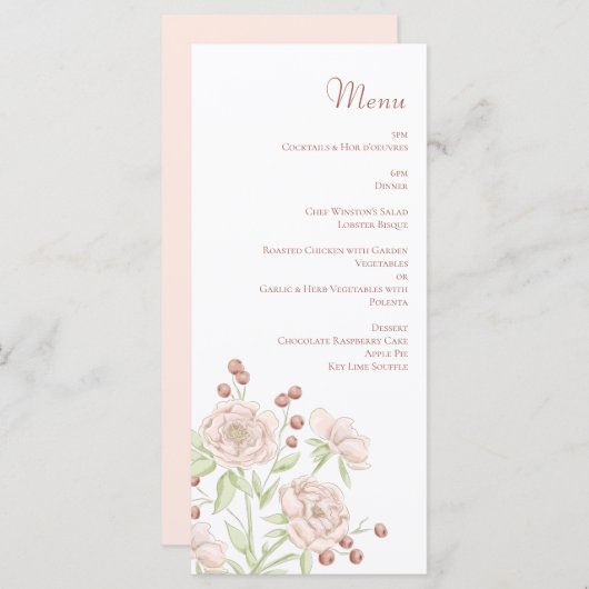 Blush Pink Roses Wedding Modern Menus (Devant / Derrière)