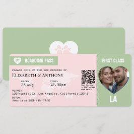 Blush Pink & Sage Green Boarding Pass Wedding Kaart