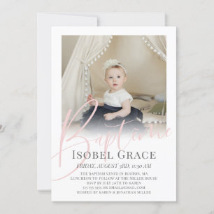 Blush Pink Script Foto Baptême Kaart