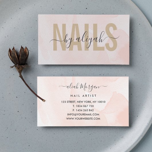 Blush Pink Script Kalligrafie Nail Artist Visitekaartje