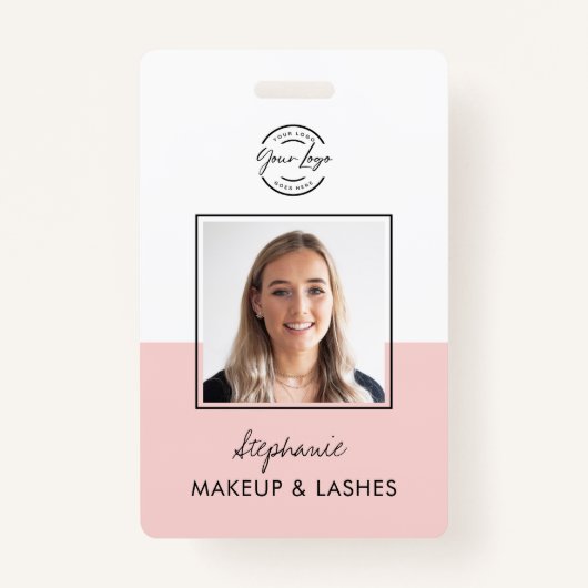 Blush Pink Script Logo Employee Photo ID Makeup Badge (Voorkant)