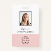 Blush Pink Script Logo Employee Photo Makeup Badge (Voorkant)