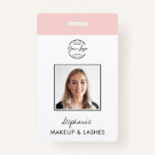 Blush Pink Script Logo Photo Makeup Employee ID Badge (Voorkant)