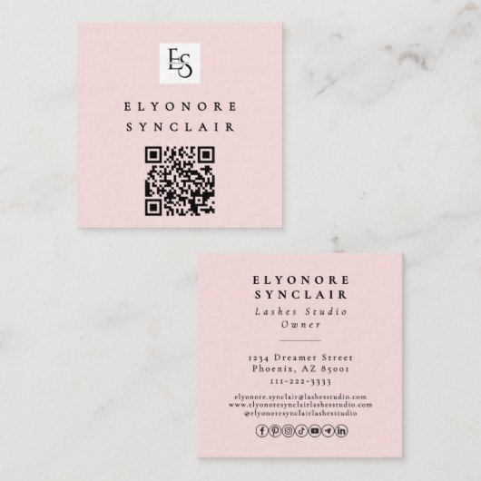 Blush Pink Script Logo QR Code Lashes Vierkante Visitekaartje (Voorkant / Achterkant)