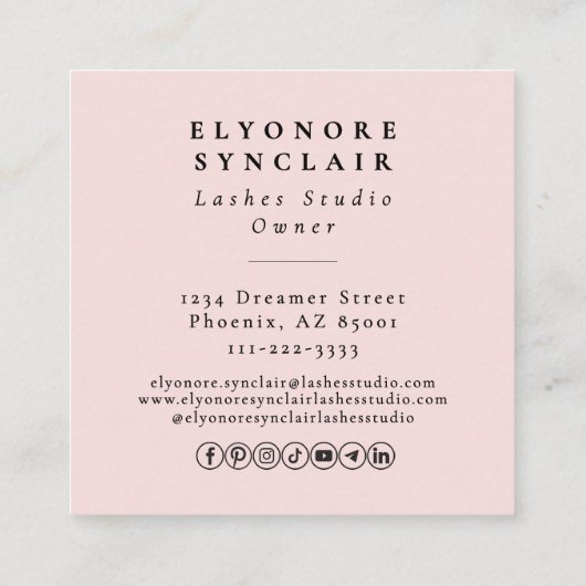 Blush Pink Script Logo QR Code Lashes Vierkante Visitekaartje (Achterkant)