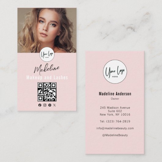 Blush Pink Script Logo QR Code Photo Lashes Studio Visitekaartje (Voorkant / Achterkant)